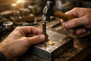 A craftsman's hands skillfully hand stamping a letter onto a brass jewelry tag, showcasing precision and the unique artisan approach to personalized jewelry tags.