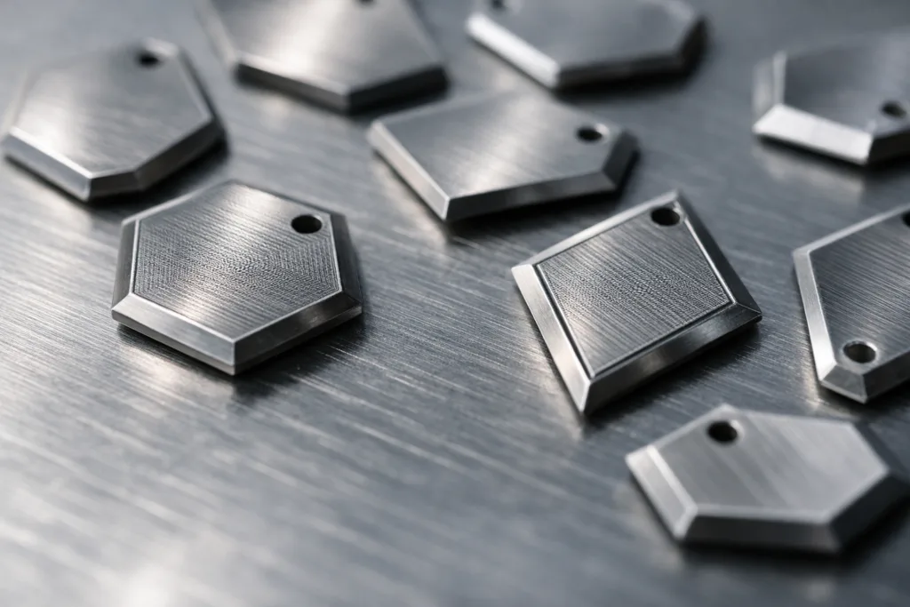 Why Hexagons and Diamonds Are Changing Modern Metal Tag Design: Trends, Functionality & Brand Impact 17 Hexagon and diamond metal tags displayed with detailed branding, emphasizing modern geometric trends in industrial identification.