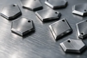 Hexagon and diamond metal tags displayed with detailed branding, emphasizing modern geometric trends in industrial identification.