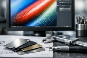 This image shows a workstation with a JPEG logo open, metal tag prototypes nearby, and industrial tools representing the process of artwork preparation for conversion.