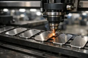A cinematic view of an industrial laser engraving machine producing personalized metal tags with unique names. The scene demonstrates the precision and automation involved in modern variable data engraving workflows.