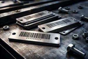 A photo-realistic shot of metal tags with laser-etched and printed barcodes laid out for inventory tracking in a manufacturing setting.