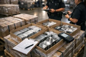 Photo-realistic scene showing metal products packaged for export, illustrating inspection and paperwork requirements for successful international metal shipping and customs clearance.