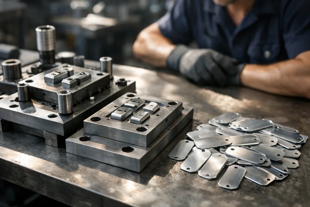 How Reordering Metal Tags Slashes Costs: The Mold Fee Advantage Explained 9 This image shows a precision manufacturing environment where molds and custom dies are used to create aluminum tags, emphasizing the cost savings obtainable when reordering batches without additional mold fees.