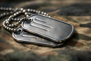A photo-realistic image of two standard military dog tags with embossed text, illustrating their standard dimensions and robust stainless steel construction, set against a muted camouflage backdrop.
