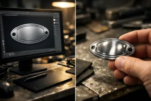 A dramatic industrial workspace with a digital metal tag mockup displayed on a monitor and a real, finished 3D-embossed metal tag held by a gloved hand, both illuminated in strong light.