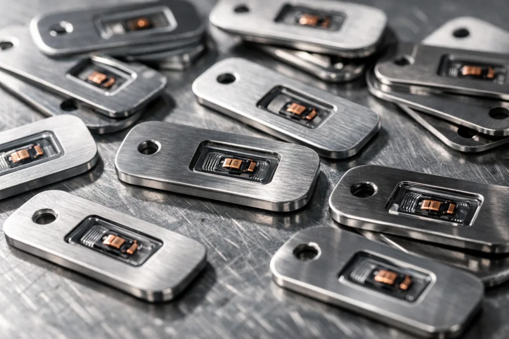 Revolutionize Your Inventory and Branding: The Case for NFC Chip-Embedded Metal Tags 25 Macro perspective of aluminum and stainless steel tags with NFC chip windows, illustrating embedded technology integration for smart tags on an industrial assembly table.