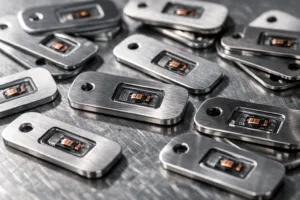 Macro perspective of aluminum and stainless steel tags with NFC chip windows, illustrating embedded technology integration for smart tags on an industrial assembly table.