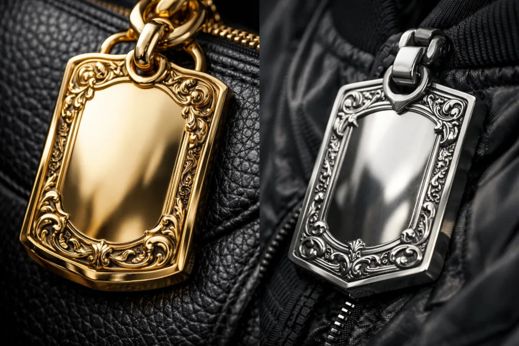 Why Oversized Tags Are the Ultimate Fashion Statement for Streetwear and Handbags 21 A photorealistic look at oversized metal tags on luxury handbags and streetwear, emphasizing craftsmanship and visual impact as statement pieces.