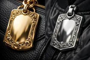 A photorealistic look at oversized metal tags on luxury handbags and streetwear, emphasizing craftsmanship and visual impact as statement pieces.