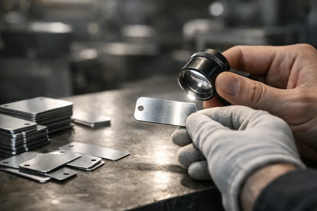 Should You Pay for a Pre-Production Sample? Key Strategies for Metal Tag Buyers & Engineers 21 Detailed scene of a metal tag pre-production sample being assessed for quality and specification in a factory setting.