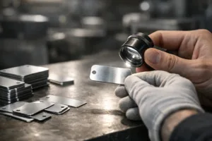 Detailed scene of a metal tag pre-production sample being assessed for quality and specification in a factory setting.