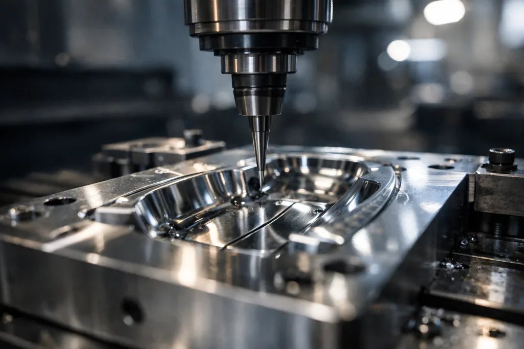 Demystifying Mold Fees and Ownership: A Manufacturer's Guide for Buyers 37 A detailed view of a metal mold being crafted on a CNC machine, with focus on surface finish and technical accuracy, demonstrating the investment involved in mold fees and setting the stage for mold ownership discussions.