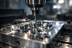 A detailed view of a metal mold being crafted on a CNC machine, with focus on surface finish and technical accuracy, demonstrating the investment involved in mold fees and setting the stage for mold ownership discussions.