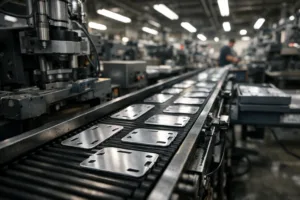 A cinematic scene of high-speed manufacturing where metal tags are being rapidly processed for a rush order, showing workshop machinery, conveyor belts, and the focus on expedited production.