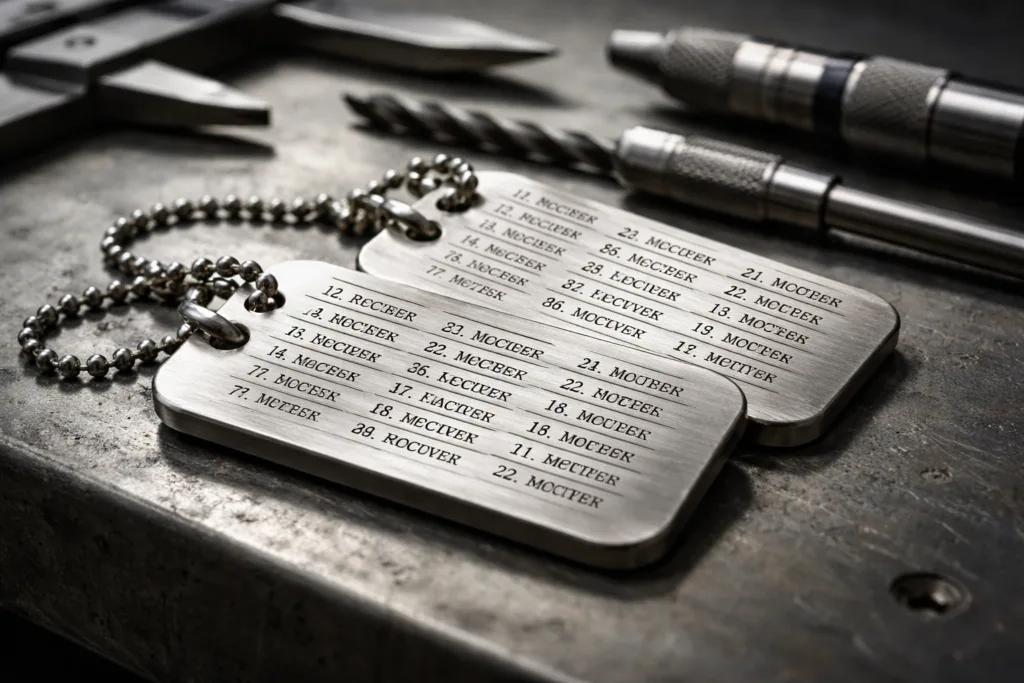 How to Secure Your Crypto Seed Phrase: Expert Guide to Engraving on Metal Tags 5 A photo-realistic view of metal tags deeply engraved with cryptocurrency seed phrases, illustrating secure physical backup storage.