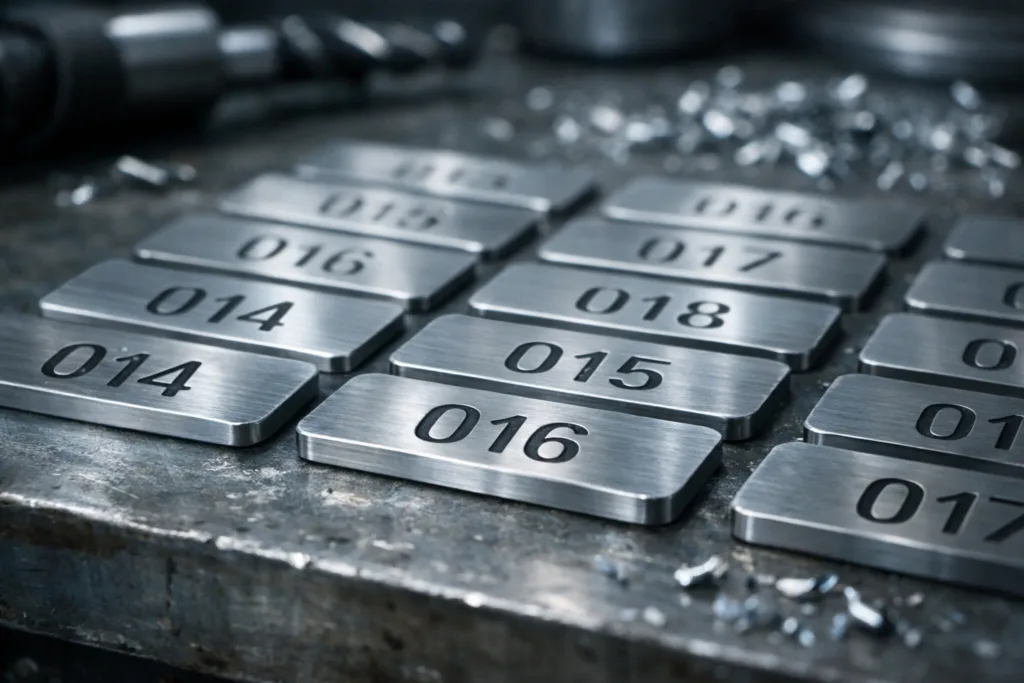 Asset Tracking Made Simple: How Metal Tags with Sequential Numbering Transform Inventory Control 33 Detailed close-up of aluminum metal tags arranged in order, each bearing a unique sequential number for asset tracking, photographed on a workbench in an industrial environment.