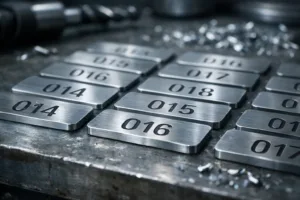 Detailed close-up of aluminum metal tags arranged in order, each bearing a unique sequential number for asset tracking, photographed on a workbench in an industrial environment.