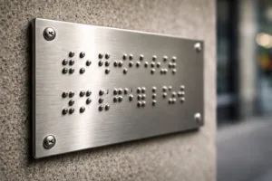 A detailed photo of a tactile stainless steel Braille tag installed in a public facility, demonstrating the contrast and precise dot formation required for tactile accessibility using metal tags.