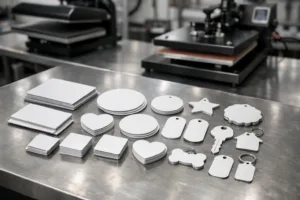 An array of aluminum and stainless steel sublimation blanks on an industrial bench, showing smooth, prepped metal tags in a professional workshop with heat press machines.