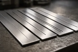 A detailed view of multiple metal nameplates showcasing different line weights, highlighting how tensile strength allows for fine but durable features.