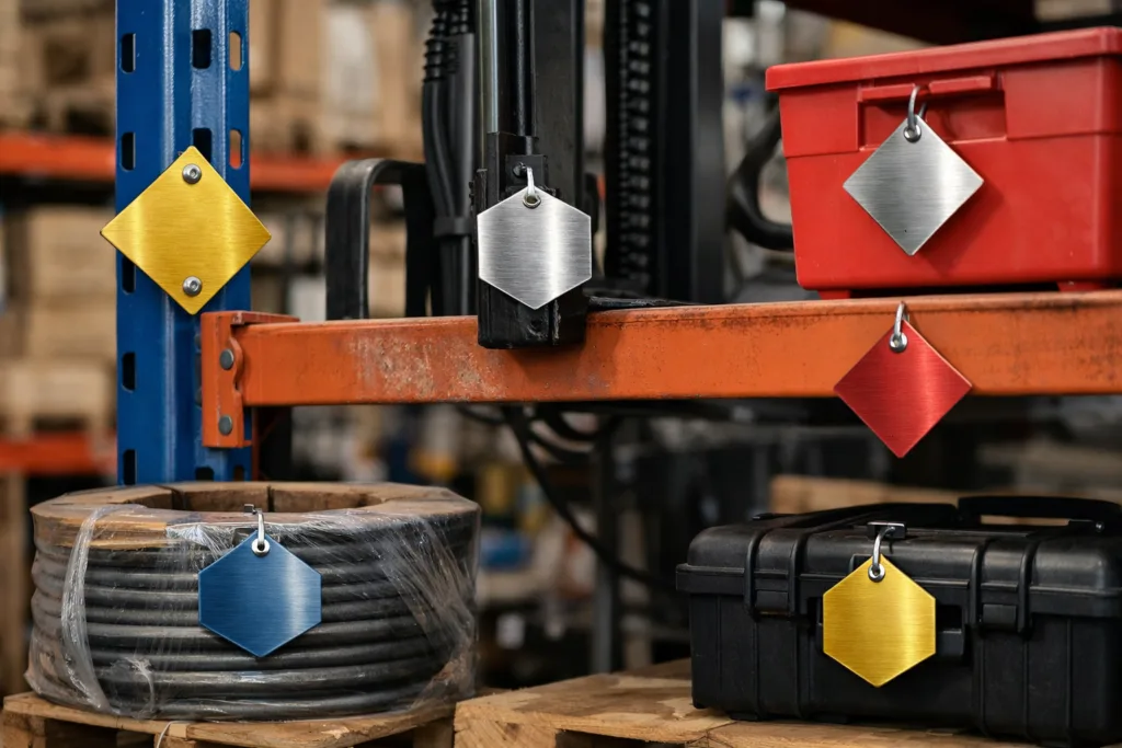 Why Hexagons and Diamonds Are Changing Modern Metal Tag Design: Trends, Functionality & Brand Impact 3 warehouse hexagon diamond asset tags