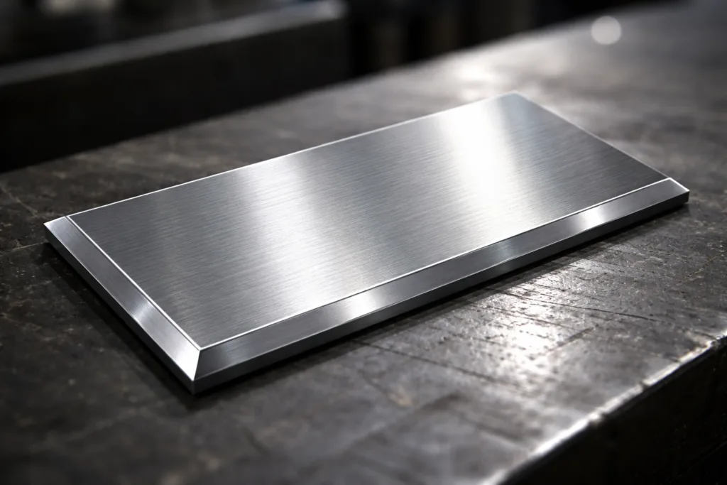 How Beveled Edges Transform Ordinary Shapes into High-Impact Premium Designs 1 A photorealistic depiction of a stainless steel tag with crisp beveled edges, highlighting the premium design in an industrial workshop environment.