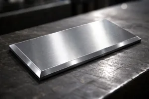 A photorealistic depiction of a stainless steel tag with crisp beveled edges, highlighting the premium design in an industrial workshop environment.