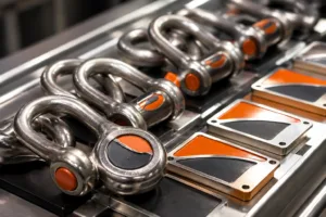 Photo-realistic shot of metal logo plates and asset tags showing precise logo colors and durable finishes on an assembly line.