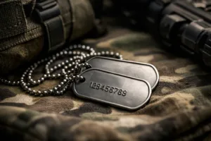 A photo-realistic close-up of traditional military dog tags featuring clear engraved text, resting on camouflage with tactical gear. Highlights durability and official identification standards.