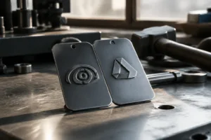 A high-resolution image of two distinct brand logos on metal tags placed together, set in a craftsman's workshop to highlight the partnership and manufacturing expertise involved in industrial co-branding.