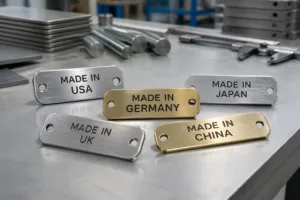 A cinematic shot of various metal tags featuring clear 'Made in [Country]' labels, illustrating labeling requirements for industrial and commercial compliance.