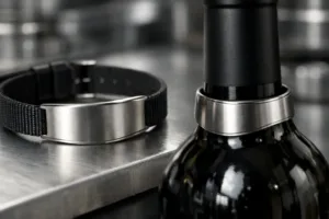 Curved metal tags shown precisely fitting both wearable and packaging applications, highlighting comfort and visual appeal in an industrial context.