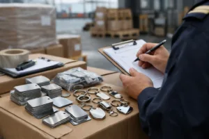 A customs official checks shipments of stainless steel metal tags and branded metal keychains, emphasizing the importance of accurate HS Codes for international trade.