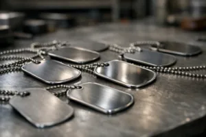 Photo-realistic dog tag display illustrating clear font sizes, spacing, and finishes for optimal readability in custom engraved tags.