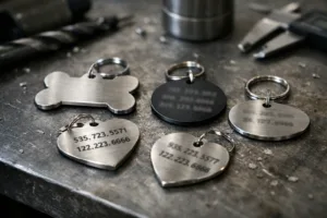 Photorealistic scene of metal dog tags featuring sharp engraved text on a shop-floor workbench, illustrating practical tag production for identification.