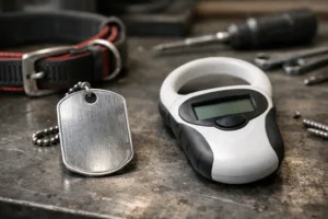 A detailed view showing both a classic engraved metal pet tag and an electronic microchip scanner, highlighting the contrast between immediate visibility and high-tech solutions for pet identification.