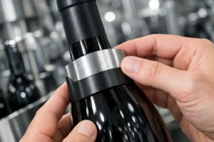 A detailed, high-clarity shot of a stainless steel and aluminum tag attached to a wine bottle, highlighting the tag's finish and compliance for food grade safety in the beverage industry.