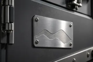 A detailed macro photograph showing a robust, polished stainless steel tag securely attached to outdoor equipment, highlighting tactile quality and durability as key to brand perception.