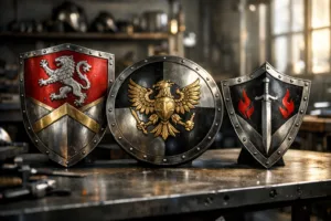 A cinematic, professional studio photo of metal shield shapes in different heraldic styles, shot at a bright angle to reveal their finishes and detailed emblems.
