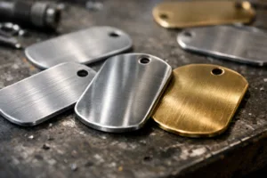 A close-up view of different metal dog tags, featuring deep engraving and stamping, representing how durable materials impact information layout for effective identification.