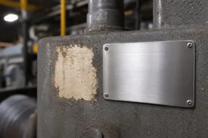 A side-by-side comparison of sticker and stainless steel metal tag on machinery, exhibiting the progression in durable labeling solutions.
