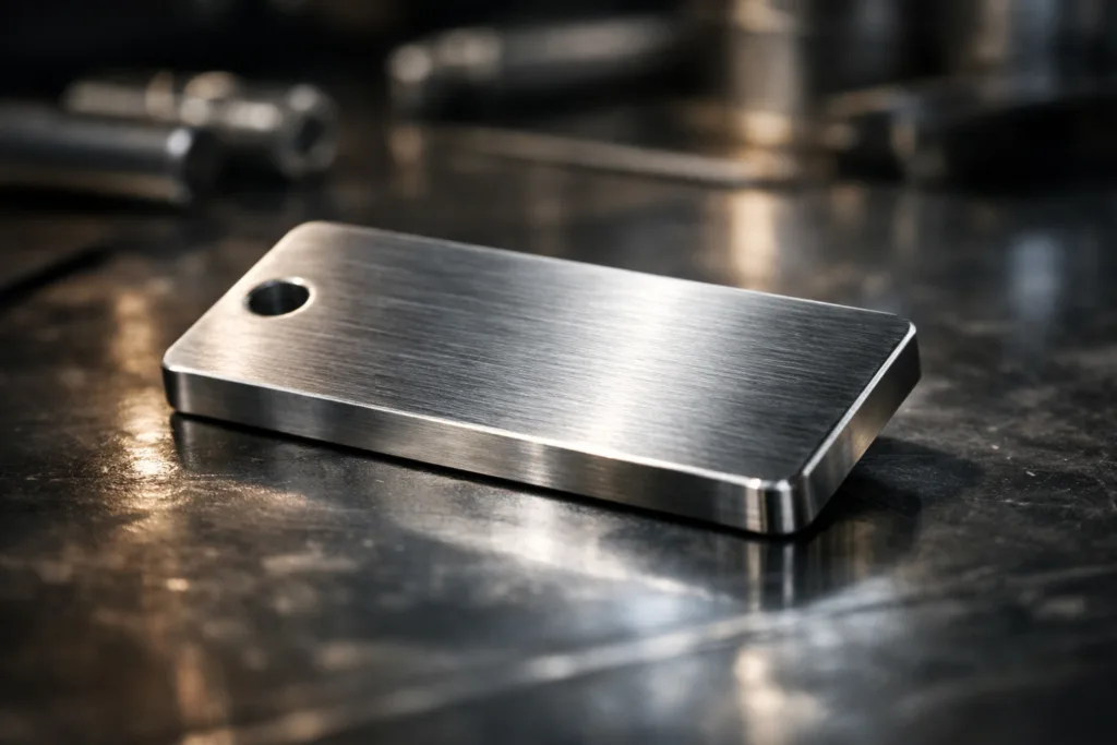 Why Thickness and Weight Make Products Feel More Valuable: The Science Behind Perception 5 This image features a thick, brushed metal tag on an industrial workbench, emphasizing how heft and finish build perceived value.