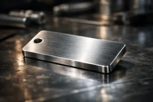 This image features a thick, brushed metal tag on an industrial workbench, emphasizing how heft and finish build perceived value.