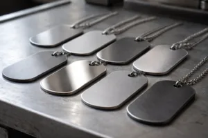 A detailed manufacturing scene featuring both stainless steel and aluminum dog tags side by side, emphasizing the material differences and finish quality in an industrial setting.