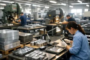 A high-resolution photo-realistic image of a state-of-the-art metal tag manufacturing floor, detailing organized machinery and quality inspection processes, exemplifying ISO 9001, Quality Management.