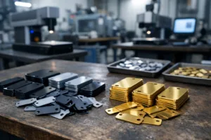 A manufacturing environment with anodized aluminum and brass tags, representing the importance of Nickel-Free Certification and European Compliance for industrial buyers.