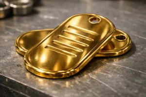 A photo-realistic close-up of shiny brass dog tags for pets on an industrial work surface, showing initial luster and engraving quality.