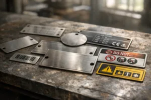 A selection of industrial metal tags showing compliant Prop 65 warning labels, demonstrating California regulations for manufacturers and retailers.