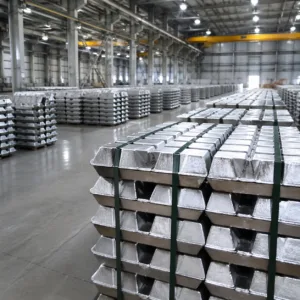 A cinematic photo-realistic scene showing conflict-free minerals organized in a metal warehouse, emphasizing ethical sourcing and transparency.